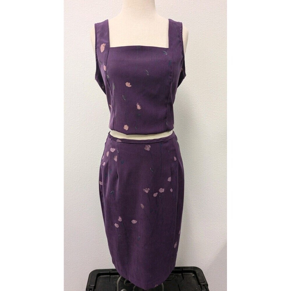 Vintage Y2K 2 pc Purple Floral Square Neck Top and Skirt sz 10/M Retro Coquette - Picture 2 of 16